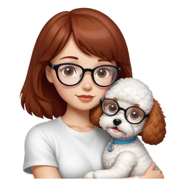 Mahogany haired girl with bangs, white glasses and a white t-shirt hugging a toy poodle dog sticker