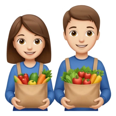 caucasian kids putting groceries in bags smiling brown hair sticker