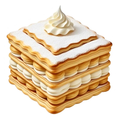 Cinematic Realistic Mille-Feuille Dessert Emoji, depicted as layered puff pastry with rich cream and a dusting of powdered sugar rendered with intricate textures and elegant, soft lighting. sticker