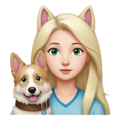 White European young woman with blue-green eyes and long blond hair with her white German Shepherd dog,the Dog hast a pink nose and short fur  and Brown eyes sticker