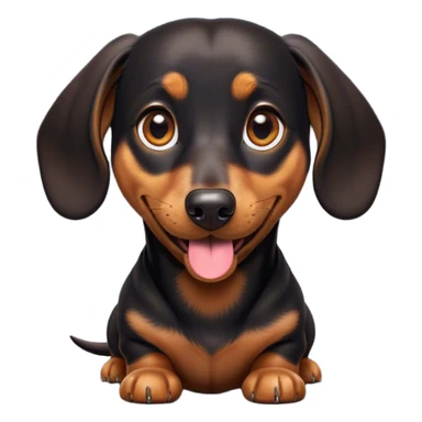 Cinematic Comical black and tan Dachshund Portrait Emoji, Head tilted dramatically with an exaggeratedly amused expression, featuring a sleek black and tan coat with a vibrant sheen, wide, expressive brown eyes filled with playful disbelief, Simplified yet hilariously expressive features, highly detailed, glowing with a slightly sassy glow, high shine, dramatic yet playful, stylized with an air of cheeky humor, bright and endearing, soft glowing outline, capturing the essence of a spirited and over-the-top companion, so meme-worthy it feels like it could side-eye its way into internet fame instantly! sticker