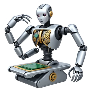 n icon featuring a humanoid robot assembling parts with mechanical arms, a circuit board in its chest, and a conveyor belt in the background. The design includes gears, sensors, and a robotic claw, symbolizing robotics innovation and automation. Transparent background sticker