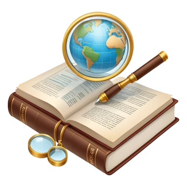 Icon for Non-Fiction Reading: an open book with pages filled with factual text, surrounded by a magnifying glass, a globe, and a stack of reports. The icon should convey the investigative and informative nature of documentary and non-fiction literature. Transparent background. sticker