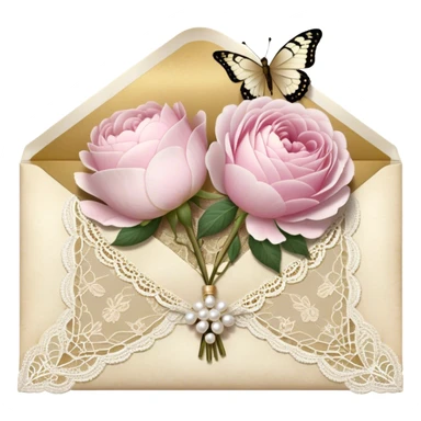 A delicate still life of an aged love letter sealed with golden wax, placed on a vintage lace doily, accompanied by a bouquet of pale pink roses and white peonies, with a shimmering pearl butterfly resting on the envelope. sticker