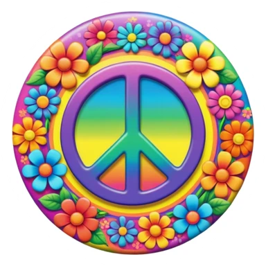 A round psychedelic colored button that says love, peace, and joy with rainbow colored hippie style flowers sticker