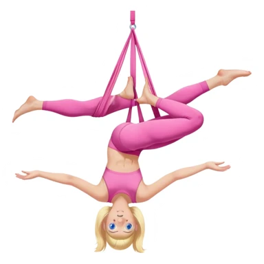 Blonde girl with blue eyes in pink workout clothes doing aerial yoga sticker