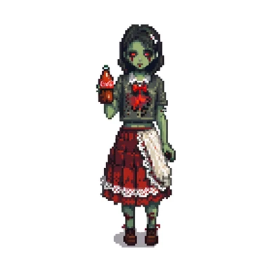 Generate an Asian girl, dark-haired, she's a zombie, wearing a skirt with lace, slightly torn,
Holding a bottle of Coca-Cola in her hands.
Background: a dark street in the style of Gotham City  sticker