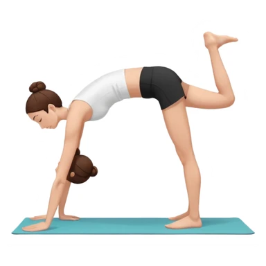 "Minimalist flat vector illustration of a woman doing yoga in forward fold pose (Uttanasana), wearing sportswear (white top and black shorts), brown hair in a bun, clean white background, no face details, elegant style" sticker