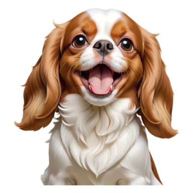 Cinematic Cute Yawning Blenheim Cavalier King Charles Spaniel Portrait Emoji, Head tilted slightly with a dramatic, wide-open yawn, soft Blenheim coat with delicate chestnut and white markings, floppy ears slightly drooping, round brown eyes barely open in drowsy contentment, Simplified yet irresistibly adorable features, highly detailed, glowing with a soft, cozy glow, high shine, relaxed yet expressive, stylized with a touch of whimsy, bright and endearing, soft glowing outline, capturing the essence of a sleepy yet affectionate companion, so drowsy it feels like it could stretch right out of the screen and curl up for a nap! sticker