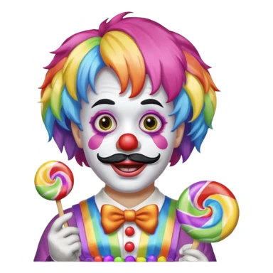 Funny clown — rainbow wig, mustache, candy in hand sticker