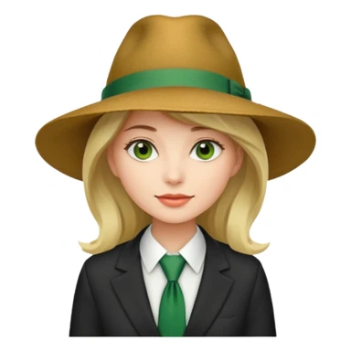 Woman in wide-brim hat & green tie sticker