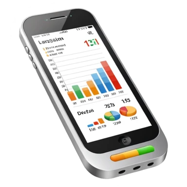 Photorealistic emoji of a compact device (handheld scanner) made of matte metal and glass. The bright, slightly reflective screen shows small colored bar charts/heatmap icons and language codes (EN, DE, 中文, العربية) plus a tiny analytics chart.  sticker