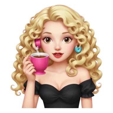 exaggerated features of woman with curly long blond hair, gossiping on a pink analogue phone, holding a tea cup, wearing an off-shoulder black top, red face sticker