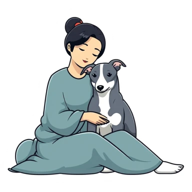 Very thin Chinese woman with long black hair relaxing in a luxurious hotel suite with exactly ONE whippet dog. EXTREME IMPORTANCE: the whippet must be ONE SOLID VERY DARK CHARCOAL GREY COLOR from nose to tail with ABSOLUTELY NO WHITE MARKINGS anywhere - NO white on face, NO white on muzzle, NO white on chest, NO white on paws, NO white on tail - NOTHING BUT A SINGLE SHADE OF VERY DARK GREY throughout the entire animal sticker