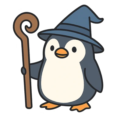 flat toon style wizard penguin with a staff sticker