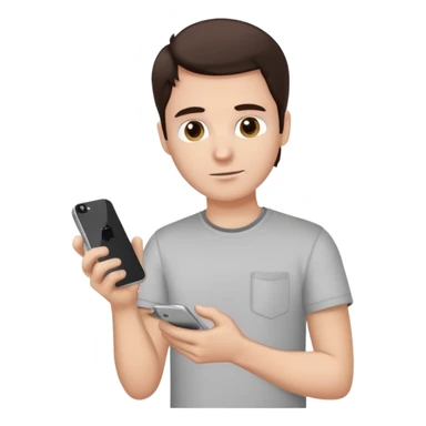 make a white guy with dark brown hair, with a simple white o grey shirt, repairing an iphone, un tecnico sticker