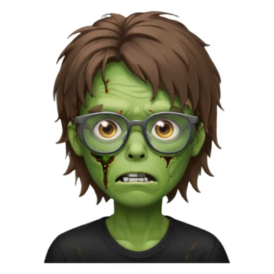 Green zombie, brown messy hair covering the forehead, black glasses, black shirt. iOS style. sticker