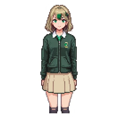 girl in a school uniform wearing a green polo, beige skirt, grey zipper jacket sticker