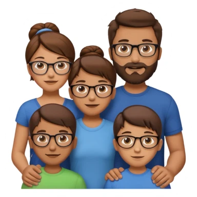 white European family standing together, man 1m80 with brown hair and beard, woman 1m60 with brown hair in bun and glasses, 10-year-old boy with short brown hair, 8-year-old girl with long brown hair, 6-year-old boy with short red hair, friendly emoji style sticker