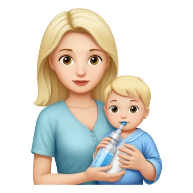Mother holding a baby bottle with milk and a vaccine syringe sticker
