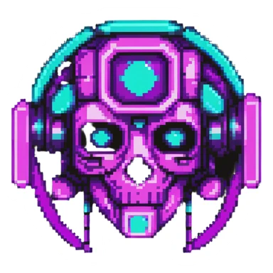 futuristic cyberpunk pixel art icon, vivid neon colors purple magenta cyan, minimal expressive design, 32x32, centered, high contrast, transparent background, no text, suitable for dark background, artist symbol sticker