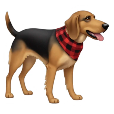 adult 75% Coonhound 25% German Shepherd mix dog with visible tail wearing small pointed red buffalo plaid bandana full body walking left quickly sticker