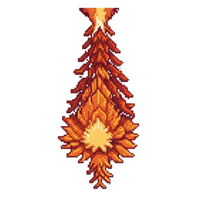 Bomberman downward-facing end-cap explosion tile, flames ending and tapering downward with pronounced flame wisps, orange/yellow with more red at the tips, extending about 70% into down direction sticker