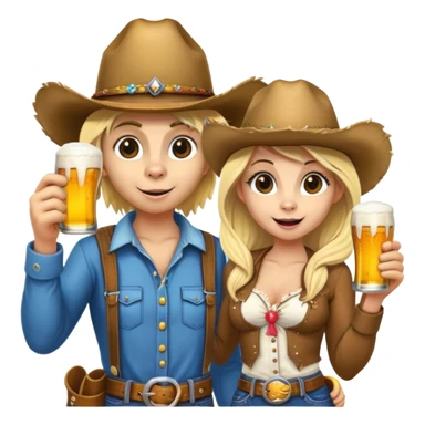 Farmer monkey holding a beer standing next to a blonde girl in cowgirl hat sticker