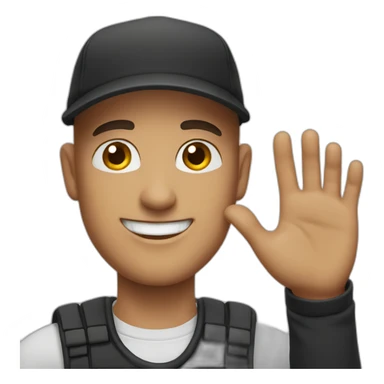 A bald guy with black cap smiling kindly and waving with the left hand sticker