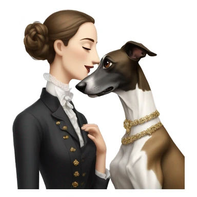 Two aristocrat dog black and white galgo kiss with women with brown hair  sticker