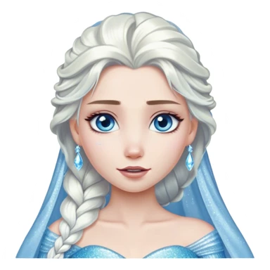 Cinematic Elegant Snow Queen Portrait Emoji, rendered in a realistic, vector-style with minimal shading and bold, simplified shapes. Depict Elsa (chest and above) with icy pale skin, long flowing platinum hair, and piercing blue eyes that exude quiet power, dressed in a shimmering ice-blue gown. The image glows with a soft, frosty radiance and high shine, capturing her ethereal, regal beauty. sticker