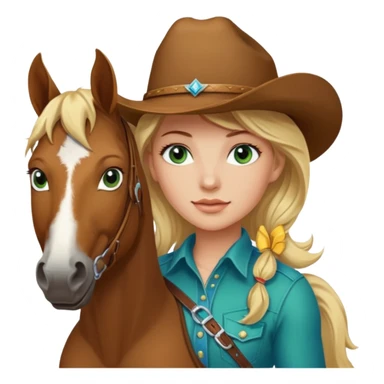 una cowgirl bionda con occhi azzurri/verdi sopra un quarter horse con criniera marrone sticker