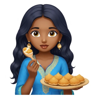 a pretty indian bratz girl with wavy long black hair. eyeliner on, wearing a blue kurti, eating golgappa (without spoon) sticker