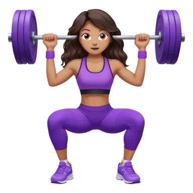 mujer de tez trigueña, con cabello castaño oscuro ondulado hasta la cadera estilizado, con ropa deportiva morada/lila, tenis blancos deportivos y levantando una pesa sticker