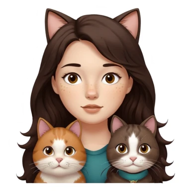 Uzun koyu kahverengi dalgalı saçlı, çenesinde beni olan ve yüzünde biraz çiller olan, iri koyu kahverengi bol kirpikli gözlü sevimli bir yüzü katlı kesim bir saçı olan kadın yap yanına da kilolu tamamen kahverengi bir kedi yap sticker