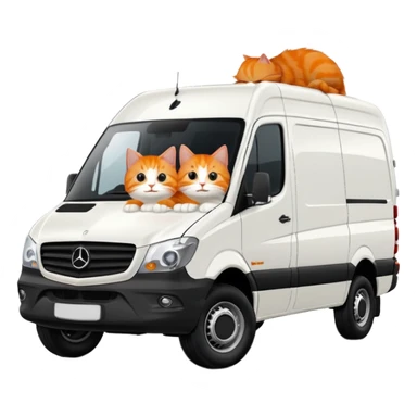 White Mercedes Benz Sprinter with Orange cats driving it sticker