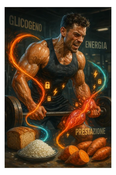 Uomo atletico di circa 30 anni durante un allenamento intenso in palestra, con muscoli ben definiti e sudati. Intorno a lui si visualizzano flussi energetici colorati che partono da fonti di carboidrati (pane integrale, riso, patate dolci) e si dirigono verso i suoi muscoli. I muscoli appaiono attivi, tesi e in pieno sforzo, con piccoli simboli di 'carburante' o energia che entrano nei tessuti. Espressione concentrata e potente. Sullo sfondo, parole come 'glicogeno', 'energia', 'prestazione'. Atmosfera dinamica, intensa e positiva. in italiano sticker
