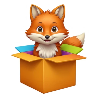 smiling fox peeking out of a colorful box, looking up, emoji style sticker