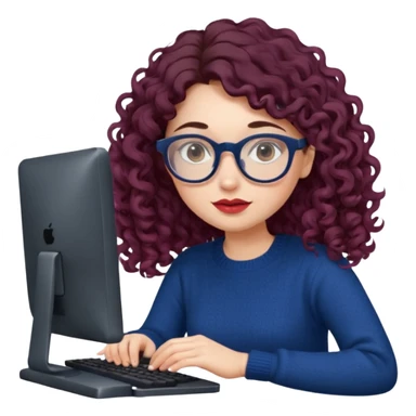 a european white young woman with very long wavy dark brown/chocolate hair with curls at the end of her long hair typing in a computer. she's using round glasses, her lips are light red and her cheeks slightly pink. Her eyes are dark brown. She's using a dark blue knit sweater  sticker