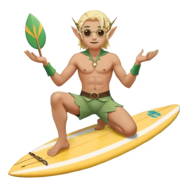 elf male legolas sitting on surfboard (ashore), hands manipulating two orbs of swirling seawater giving a "massage" to his own shoulders, wearing relaxed linen shorts over swimwear, tinted elven sunglasses, pointy ears, content expression, centered emoji sticker