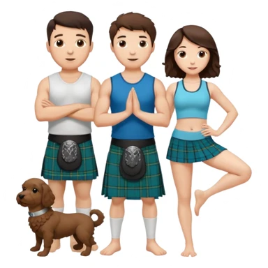 emoji of brunette man wearing kilt, brunette woman in yoga outfit and white cockapoo dog sticker