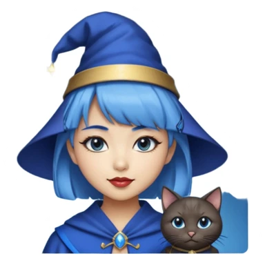 an asian short haired girl with electric blue highlighted short hair with bangs, with her silver left eye and dark brown right eye, with black cat eyed style eyeliner, and smirk of natural toned lipstick, with wizard hat with moon emblem on his hat. sticker