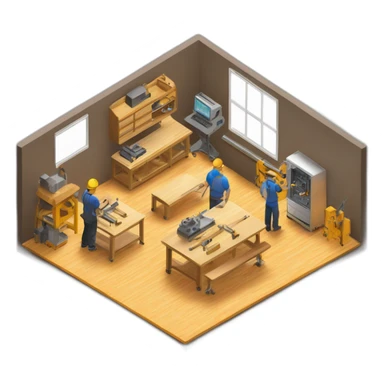 isometric square solid outline border containing indoor creative factory woodworking metalworking people active working cnc machine tools simple clean industrial makerspace #edc31b  sticker