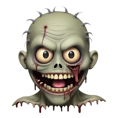 Cinematic Comical Zombie Portrait Emoji, with a grotesquely exaggerated yet playful decaying face in muted ashen tones, head cocked in a dramatically shocked expression with wildly comical, googly eyes and a gaping, silly grin revealing quirky stitches, simplified yet hilariously expressive, highly detailed with a soft eerie glowing outline capturing the absurd humor of a zombie in comic disbelief! sticker
