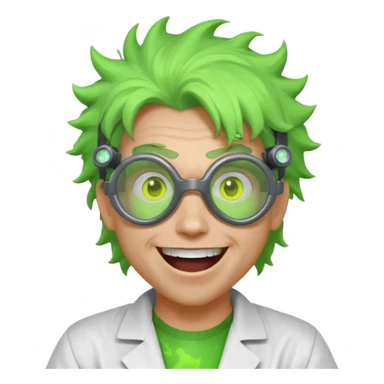 mad nuclear scientist portrait, head and shoulders only, messy hair, cracked goggles, glowing radioactive green light, excited crazy smile, 3D cartoon, mobile game icon style, clean background, no text, no watermark
 sticker