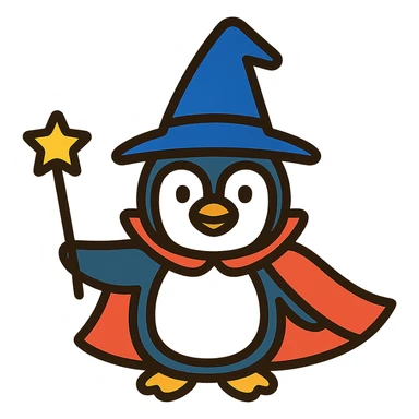 A penguin dressed as a wizard, holding a magic wand, with a pointy hat and a cape sticker