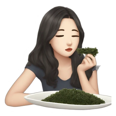Girl watching television about kpop while eating toasted seaweed sticker
