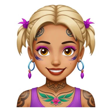 girl with bold face tattoos, happy face, wearing a colorful shirt sticker