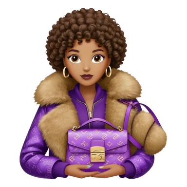 Beautiful black woman with curly hair. She is wearing a brown monogram Fendi jacket with a fur trim. She is carrying a purple sequined Fendi Baguette bag. I want the image close up. The jacket is not purple.  sticker