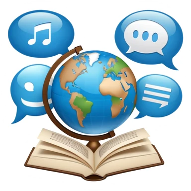 An icon showing a globe surrounded by speech bubbles with greetings in different languages, like 'Hello,' 'Hola,' and 'Bonjour.' The design includes an open book and a quill, symbolizing learning and communication. Transparent background emphasizes global connection through language. sticker